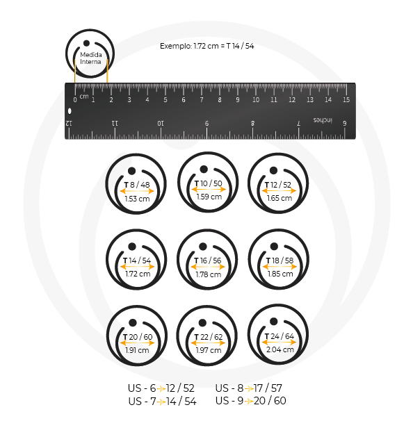Desenho ilustrativo de anéis em perfil com indicação das medidas e uma régua de 15 centímetros.